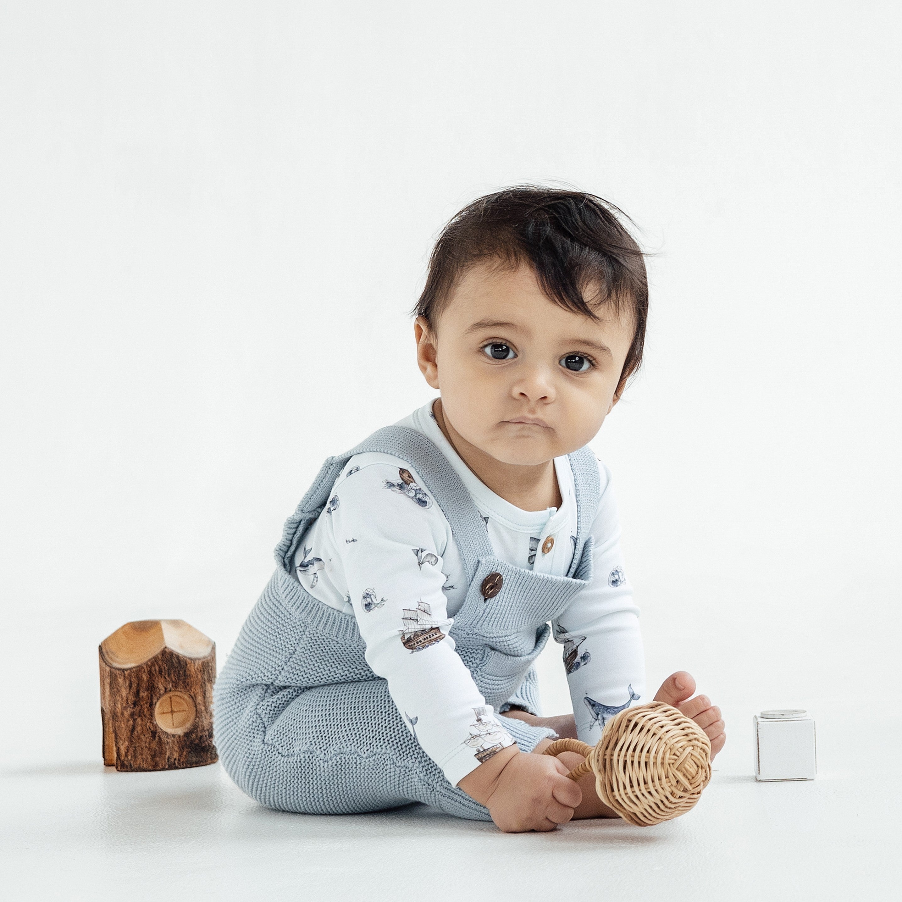 Fog Blue Knit Pocket Overalls Baby Newborn Knitted romper – Aster & Oak