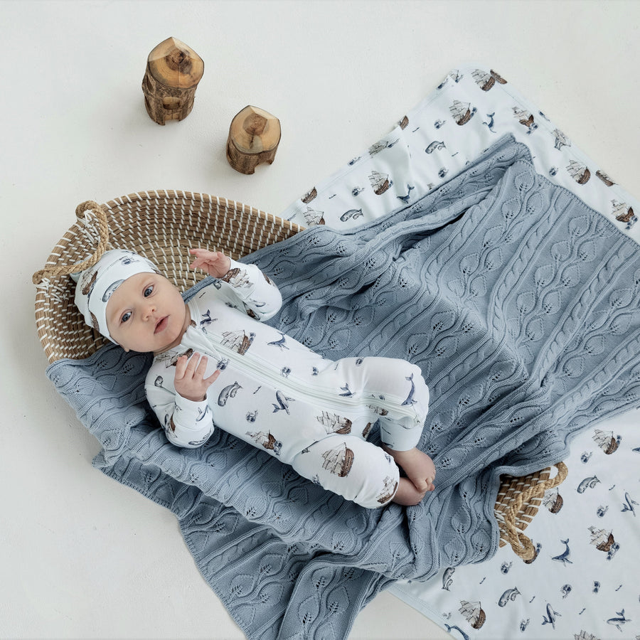 Fog Blue Cable Knit Blanket Newborn Baby Boy Leaf Nature