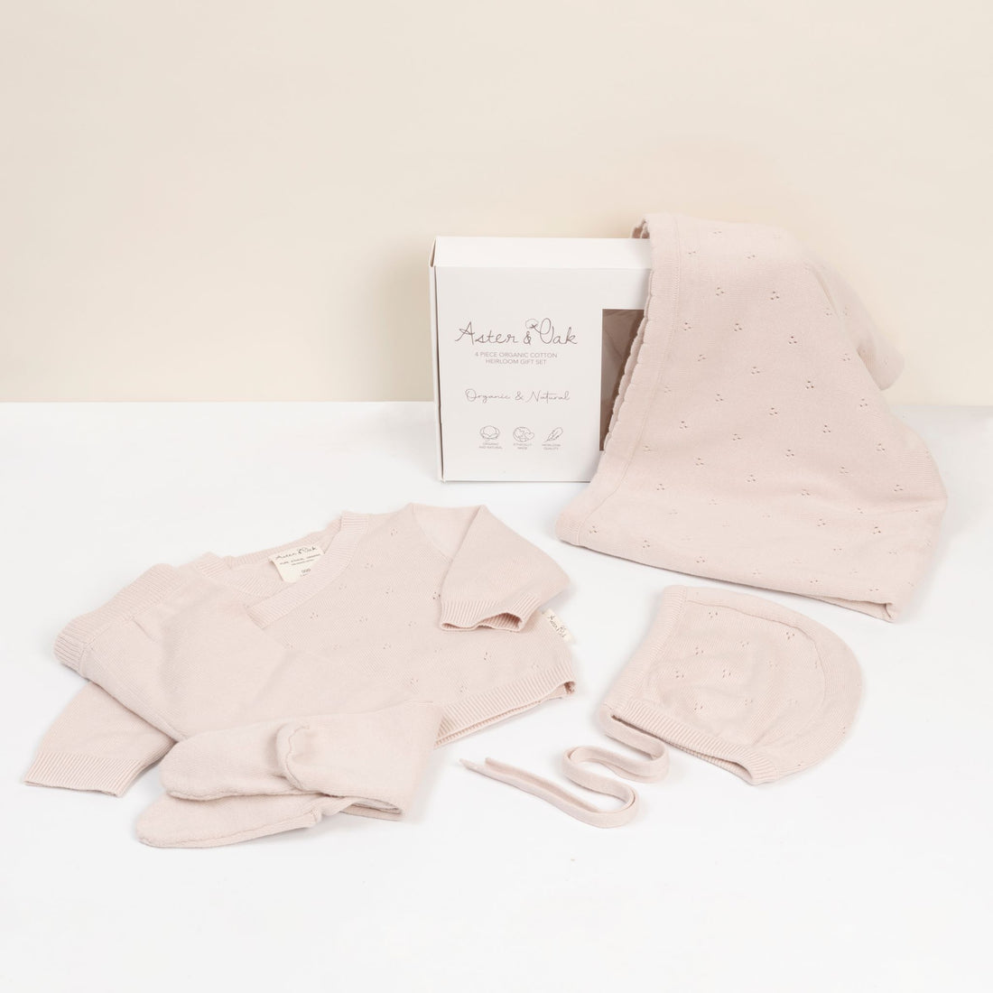 Aster & Oak Organic Heirloom Knitted 4 Piece Baby Gift Set Pink
