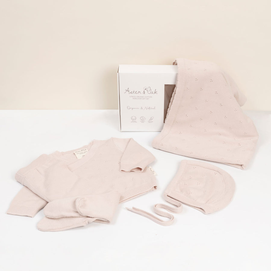 Aster & Oak Organic Heirloom Knitted 4 Piece Baby Gift Set Pink