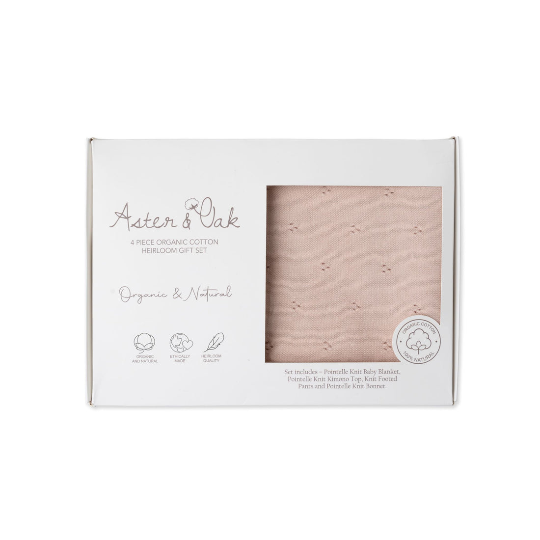 Aster & Oak Organic Heirloom Knitted 4 Piece Baby Gift Set Pink
