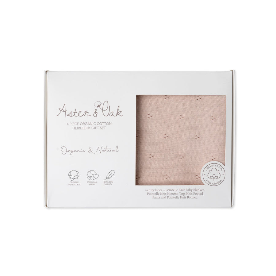 Aster & Oak Organic Heirloom Knitted 4 Piece Baby Gift Set Pink