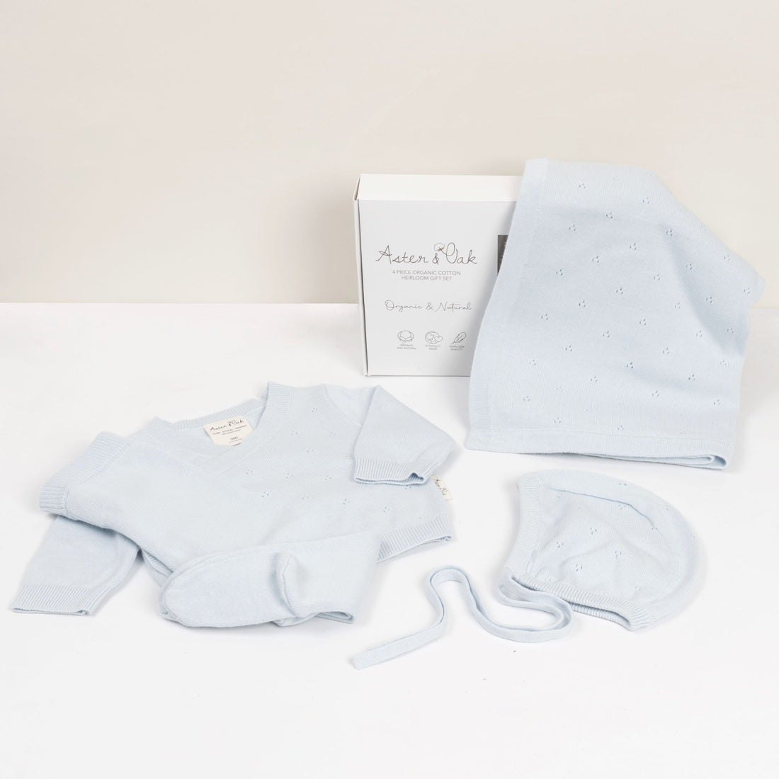 Aster & Oak Organic Heirloom Knitted 4 Piece Baby Gift Set Blue