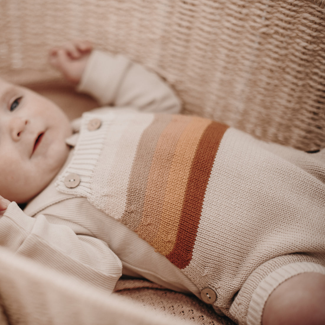 Aster & Oak Organic Cotton Neutral Rainbow Knit Romper Baby Newborn