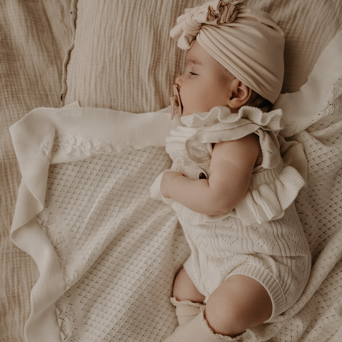 Aster & Oak Off-White Heart Knit Ruffle Romper Natural Baby Girl organic