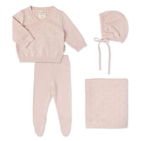 Aster & Oak Organic Heirloom Knitted 4 Piece Baby Gift Set Pink