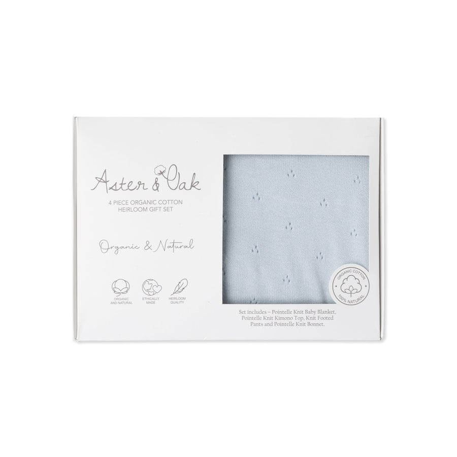 Aster & Oak Organic Heirloom Knitted 4 Piece Baby Gift Set Blue