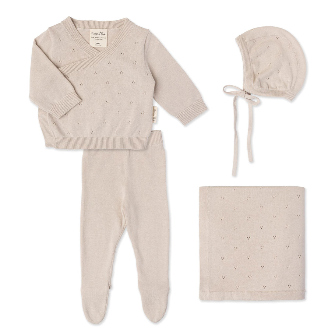 Aster & Oak Organic Heirloom Knitted 4 Piece Baby Gift Set Taupe