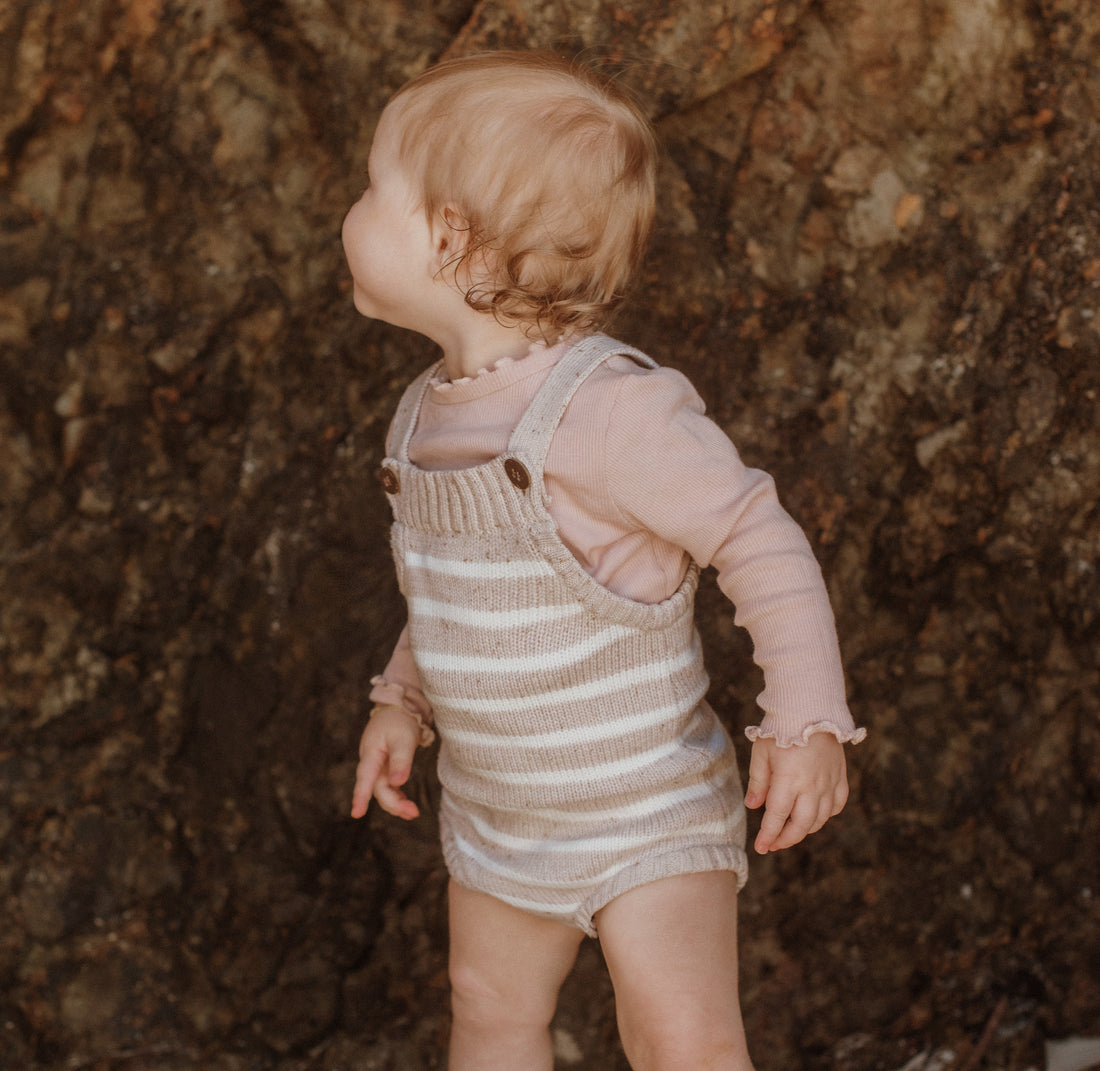 Oat Fleck Stripe Knit Baby Romper Gender Neutral Knitted