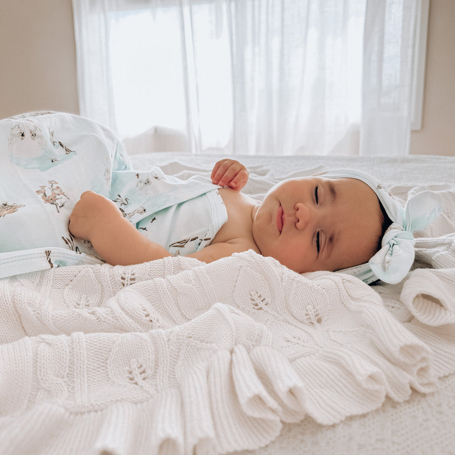 Snow White Girls Ruffle Knit Blanket Heirloom Baby Leaf