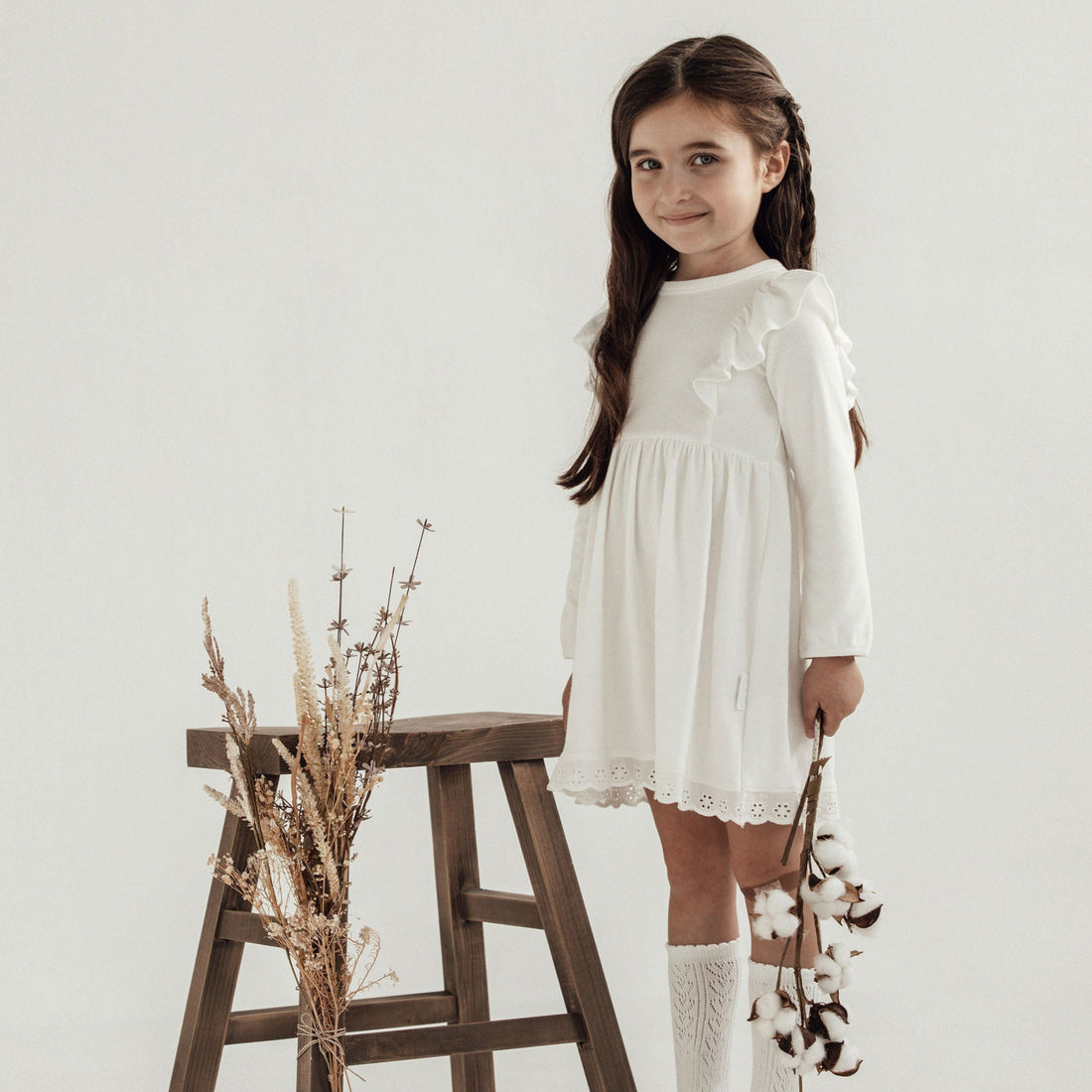 Girls White Snow Rib Ruffle Dress Lace Organic