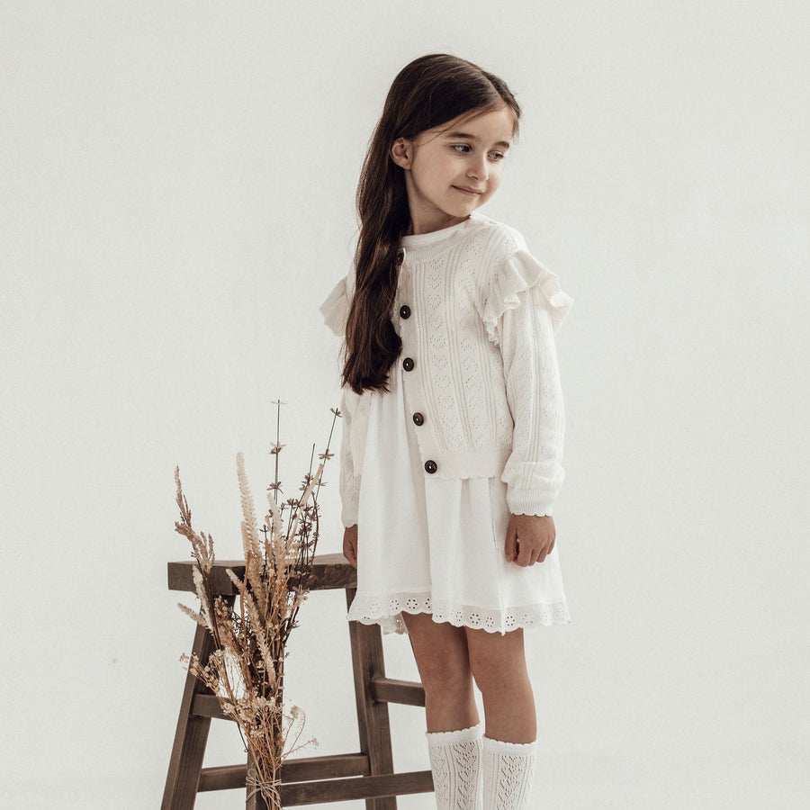 Girls White Snow Rib Ruffle Dress Lace Organic