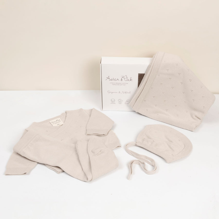 Aster & Oak Organic Heirloom Knitted 4 Piece Baby Gift Set Taupe